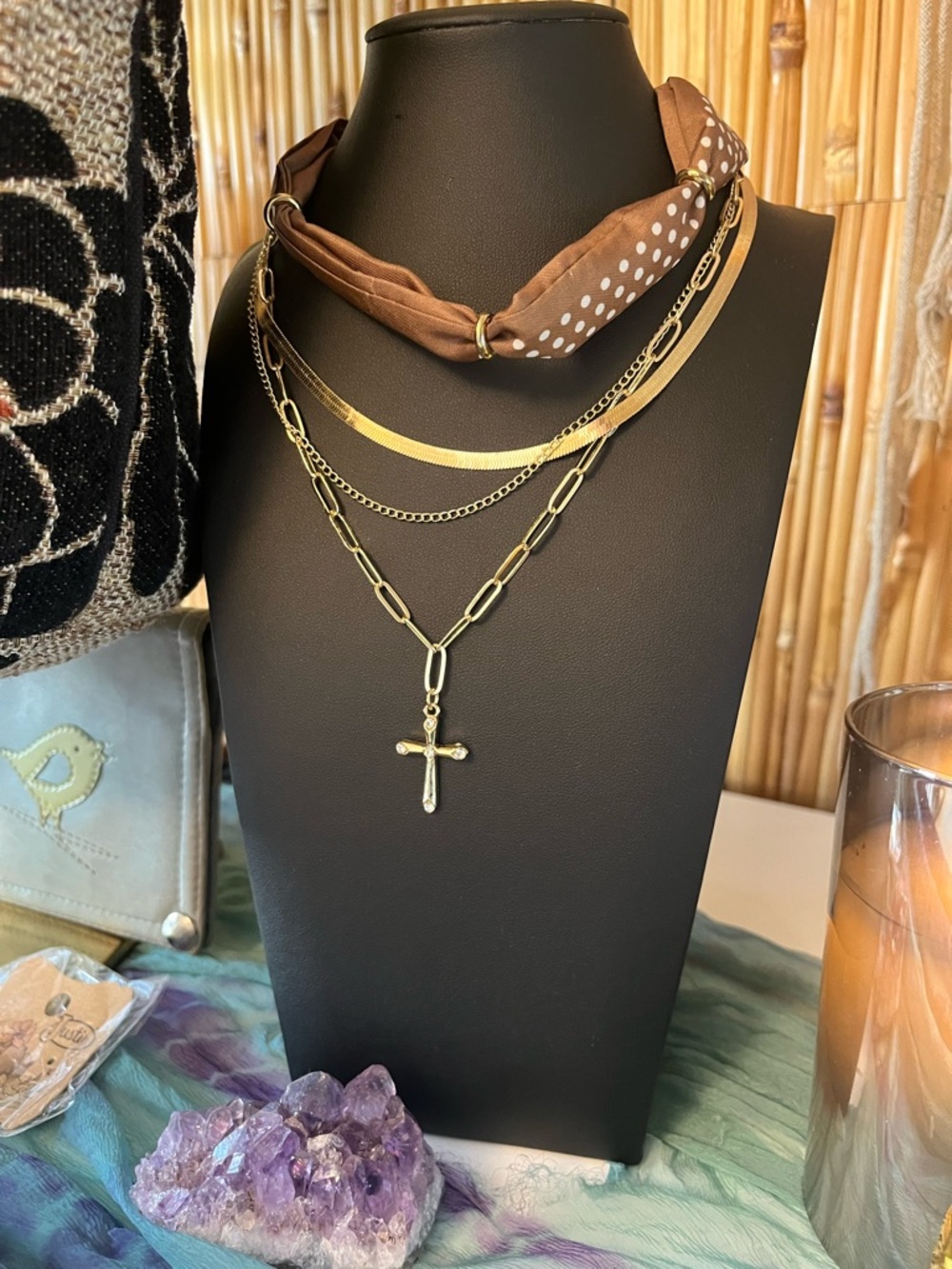 Gold Multi-Layer Cross Pendant Necklace with Brown Bandana Scarf